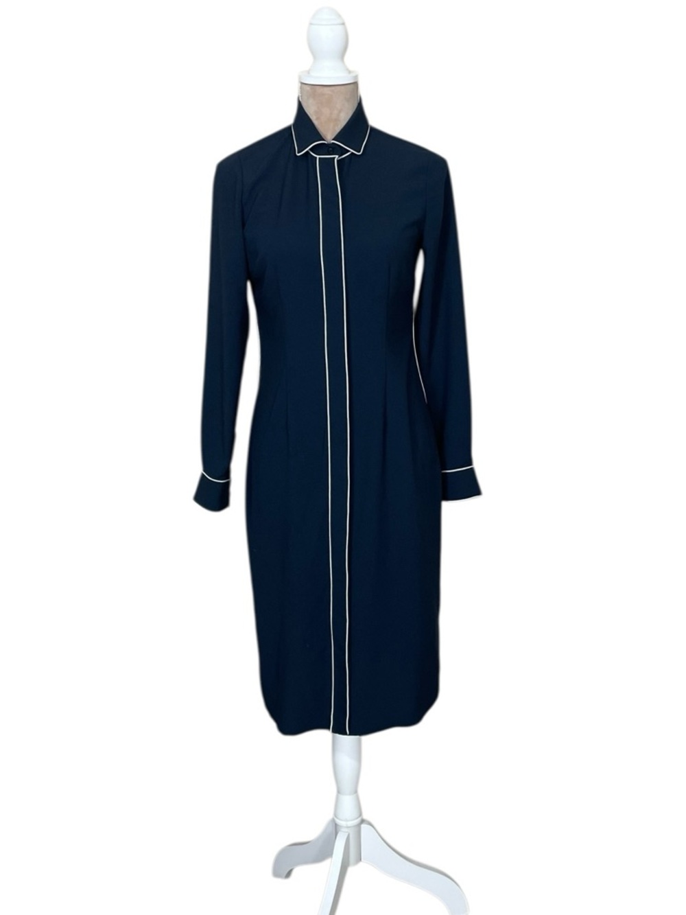 Brooks Brothers Navy Long Sleeve Shirt Dress with White Piping